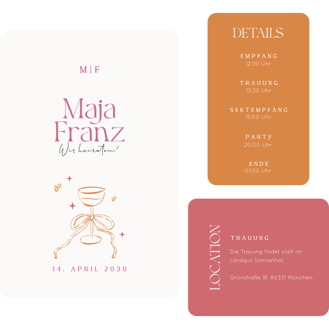 Kartenset mit Colorblocking-Farben und Illustration eines Champagnerglases