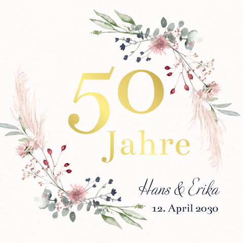 Florale Einladung zur goldenen Hochzeit quadratische Klappkarte