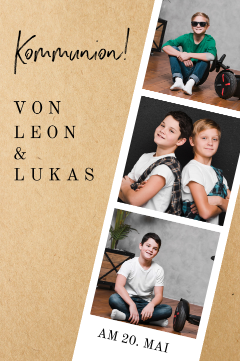 Einladung zur Kommunion für Zwillinge mit Fotostreifen im Kraftlook