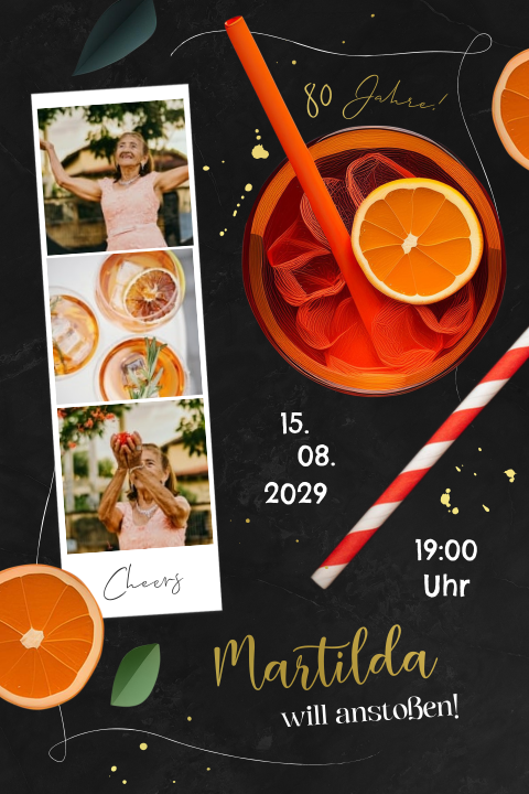 Geburtstageinladung zum 80sten mit Cocktail, Folie und Fotostreifen
