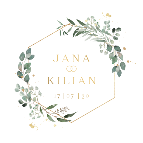 Hochzeitskarte mit Eukalyptuszweigen in geometrischer Form und Mattgoldfolie
