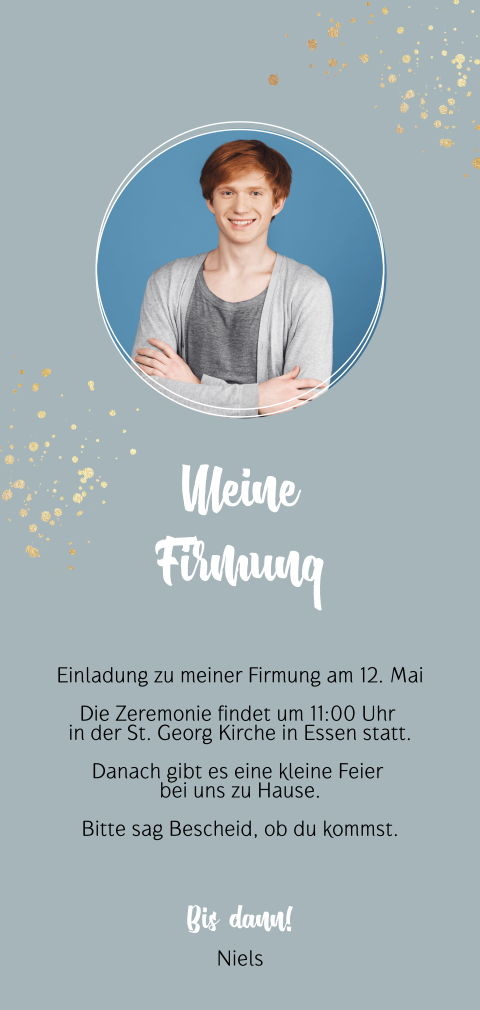 Einladung zur Firmung mit Goldelementen und Foto