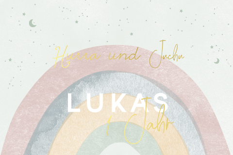 Niedliche Einladung mit Goldfolie Regenbogen aus Aquarell