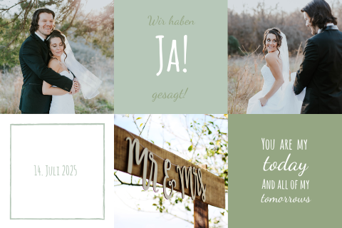 Wir haben geheiratet-Karte mit grünen Farbflächen und Hochzeitsfotos