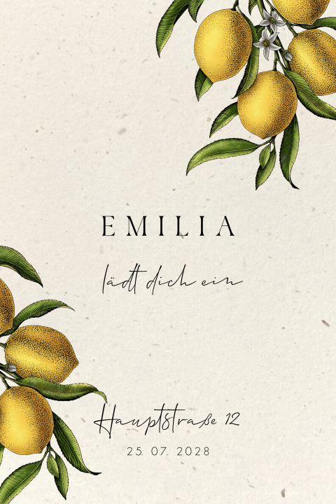 Geburtstagseinladung in Beige mit Zitronenzweigen