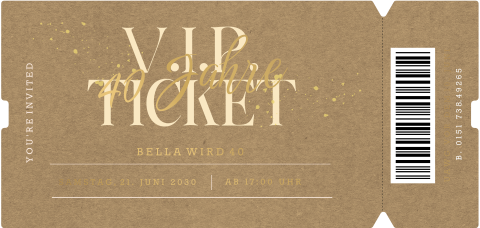 Kraft-Look Geburtstagseinladung 40 Jahre als VIP-Ticket mit Mattgoldfolie