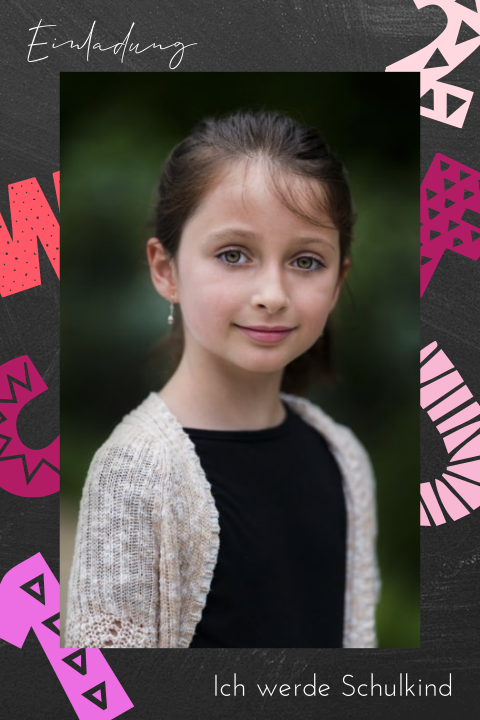 Einladung zur Einschulung im Tafel-Look, Foto und rosa Buchstaben