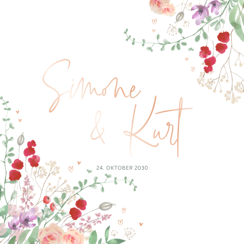 Stilvolle Hochzeitseinladung mit sommerlichen Blumen und Roségolfolie