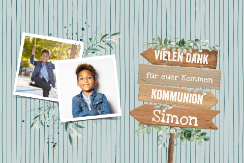 Hippe Dankeskarte zur Kommunion mit Fotos und Wegweiser