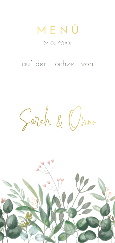 Menükarte mit Folienprägung und bemalten Blumenzweigen