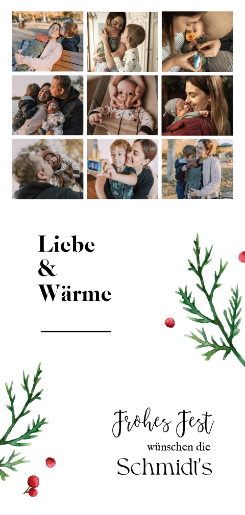 Zweige und Bilder Weihnachtskarte längliches Hochformat