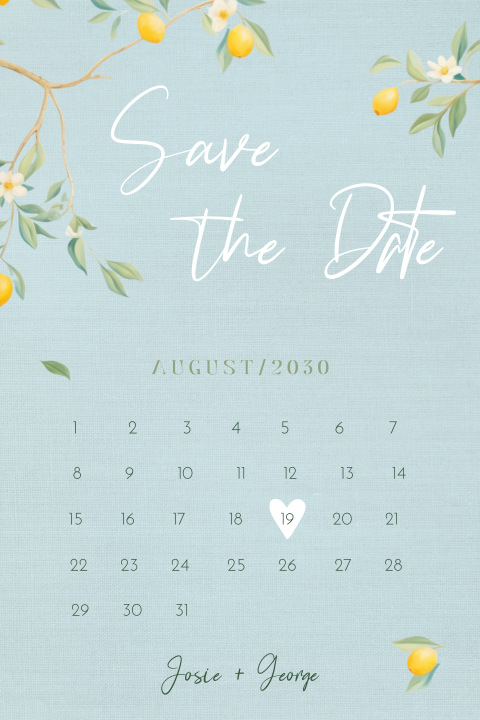 Blaue mediterrane Save the Date Karte mit Zitronen