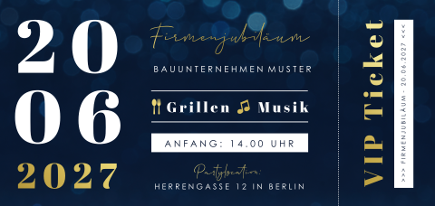 Einladung zum Firmenjubiläum in Ticketform mit Goldfolie