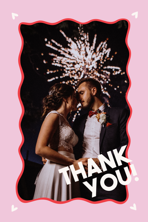 Dankeskarte Hochzeit mit verspielten Design in Pink und Foto