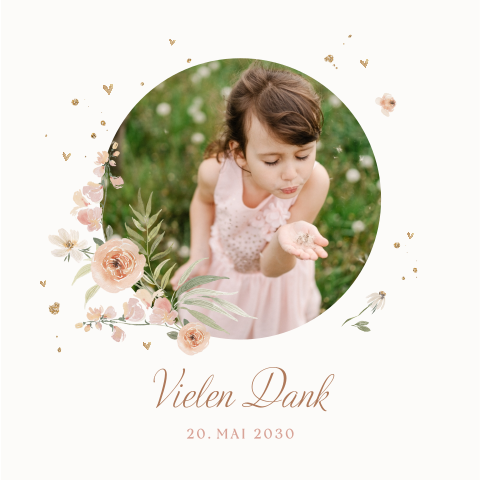 Romantische Dankeskarte zur Kommunion mit Foto und Blumen