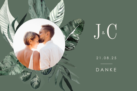 Doppelseitige Dankeskarte zur Hochzeit im Grünton mit Foto und Zweigen