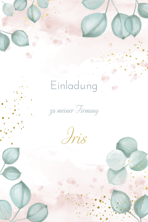 Hochformat Einladung zur Firmung mit Eukalyptus, Goldfolie und Foto