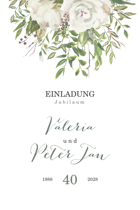 Einladung zur Rubinhochzeit mit Blumen in Weißtönen