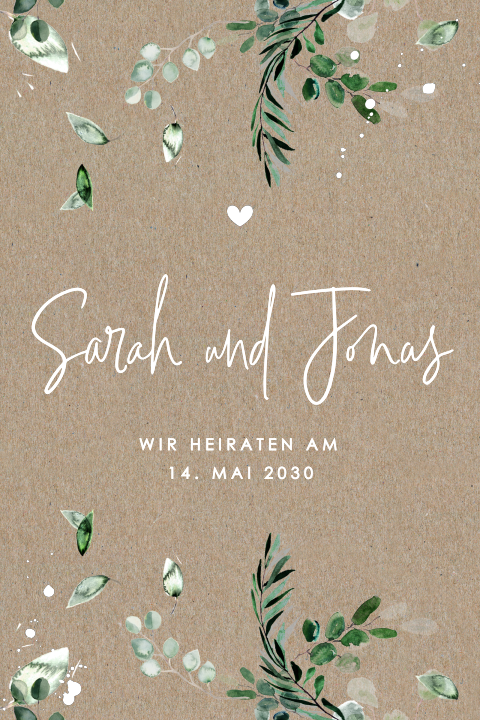 Lebhafte Hochzeitskarte mit Farbtupfern und grünen Olivenzweigen