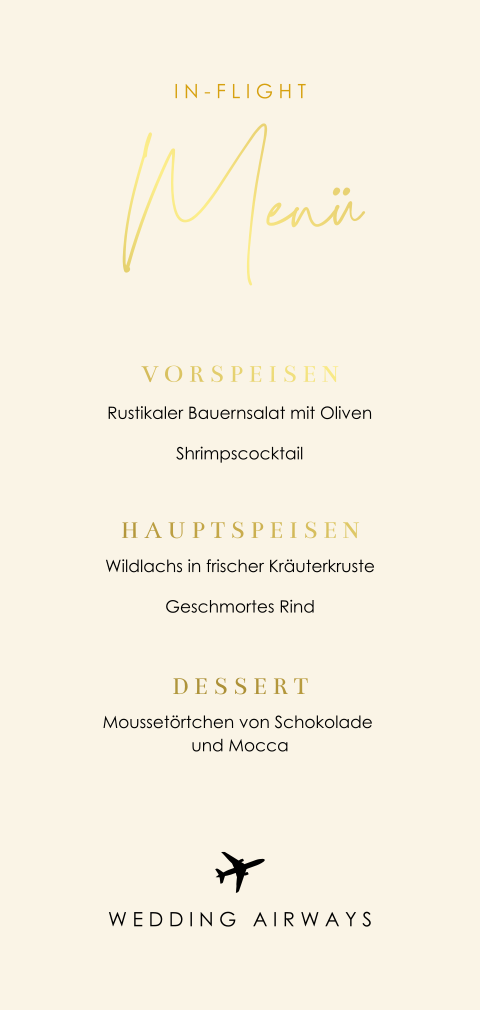 Schicke Menükarte in Goldfolie zum Thema Reisen