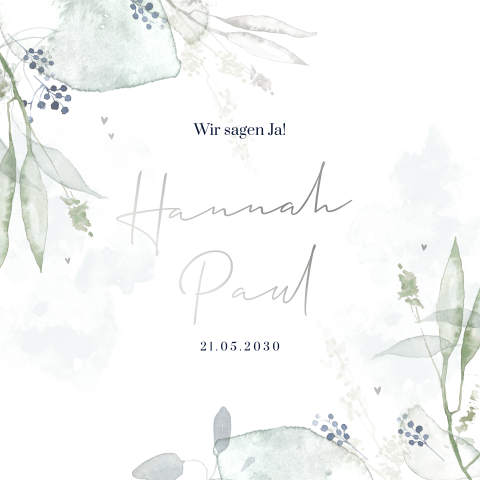 Stilvolle Hochzeitskarte mit Aquarellzweigen in Blau und Grün
