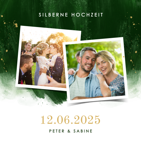 Einladung zur Silberhochzeit mit Foto und grünem Aquarell
