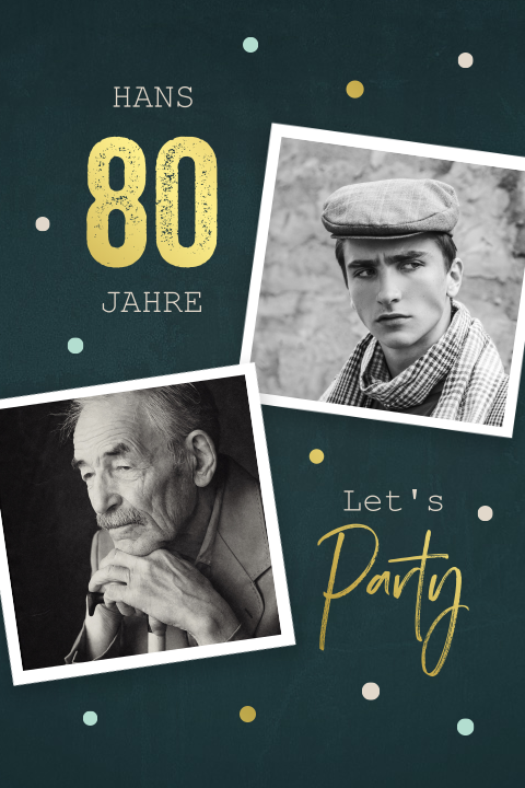 Dunkle Einladung zum 80 Geburtstag mit Goldfolie und Foto