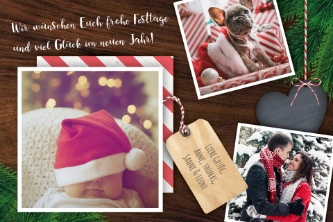 Weihnachtswünsche auf Holzhintergrund mit Fotos und Zweigen