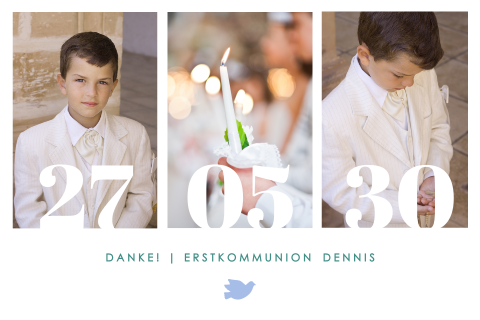 Danksagungskarte zur Kommunion mit drei Fotos, Datum und blauer Taube