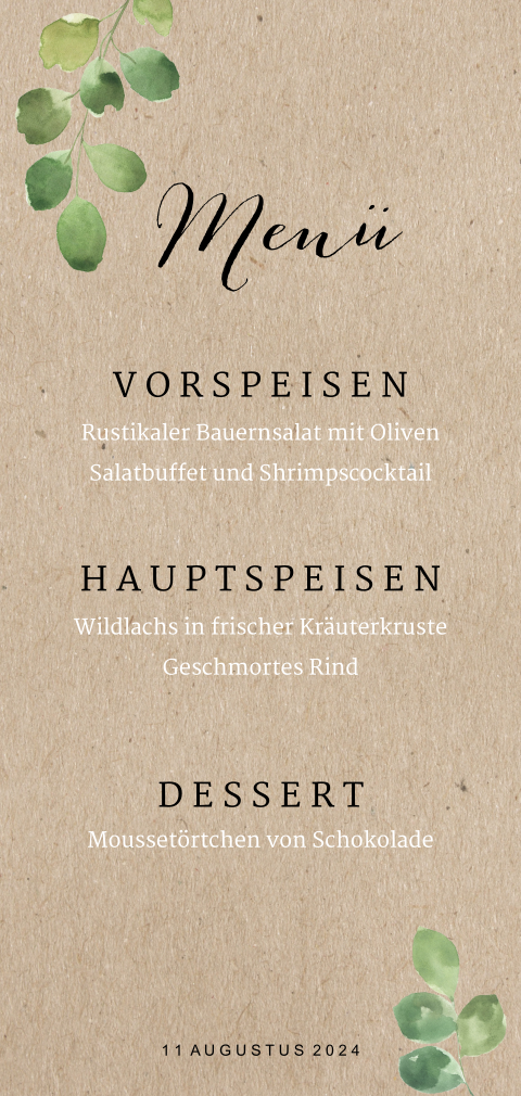 Trendige Menükarte mit grünen Blättern im Kraftpapier-look
