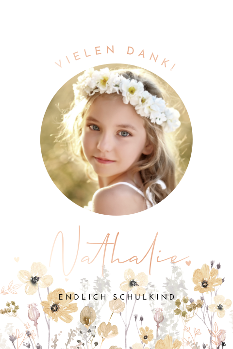 Dankeskarte zum Schulanfang mit Rosegoldfolie, Blumen und Foto