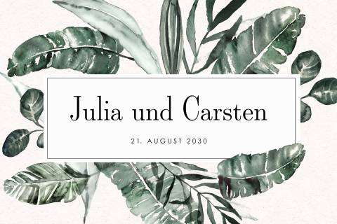 Botanische Hochzeitseinladung mit großen grünen Blättern