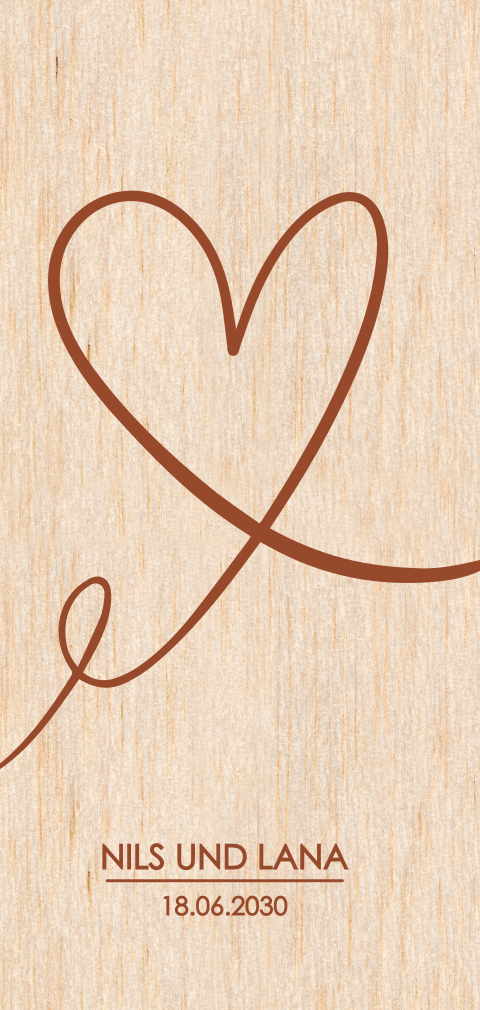 Hochformat Hochzeitskarte aus Holz mit romantischem Herz