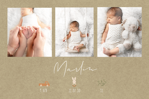 Moderne Kraft-Look Danksagungskarte zur Geburt mit drei Fotos