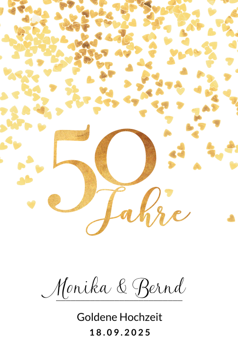 Goldene Hochzeit Einladung mit goldgelben Herzen und Tagesplan