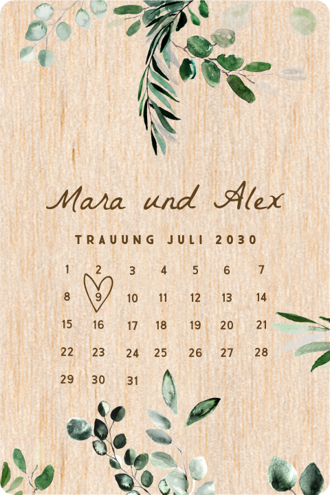 Echtholz Hochzeitseinladung mit Kalender und Zweigen