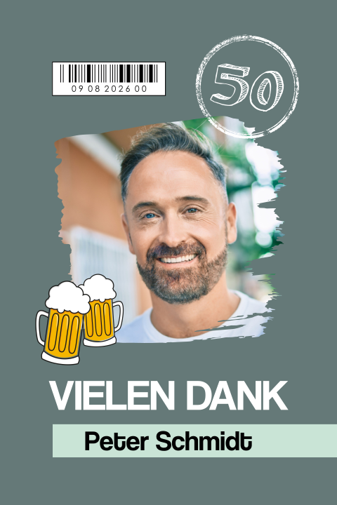 Moderne Dankeskarte zum 50. Geburtstag mit Barcode und Bierkrügen