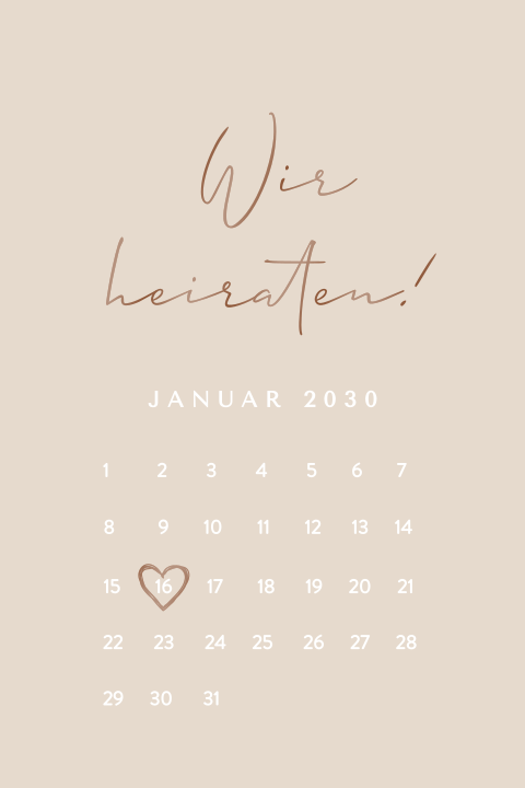 Hochzeitskarte Beige mit Kalenderblatt und Hochglanz