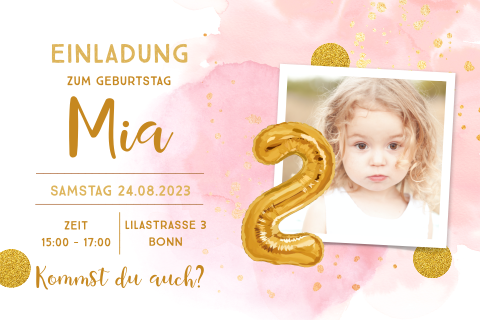 Fröhliche Einladung zum Kindergeburtstag, gold auf rosa