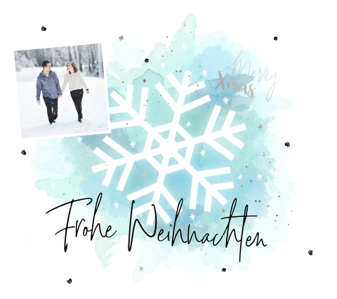 Künstlerische Weihnachtsgrüße mit blau hinterlegter Schneeflocke