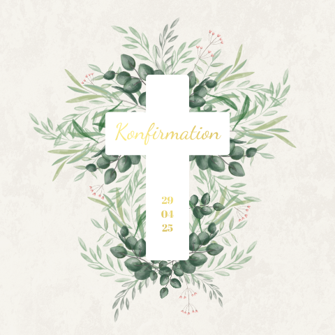 Konfirmationseinladung mit gemalten Blättern und Kreuz