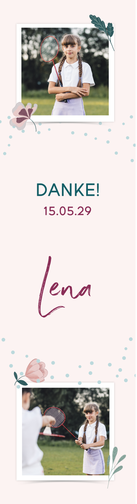 Lesezeichen Fotostreifen Dankeskarte zur Kommunion mit Blumen 4 Stück