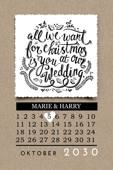 Save the Date - Weihnachtskarte auf Kraftpapier mit Kalender und Foto