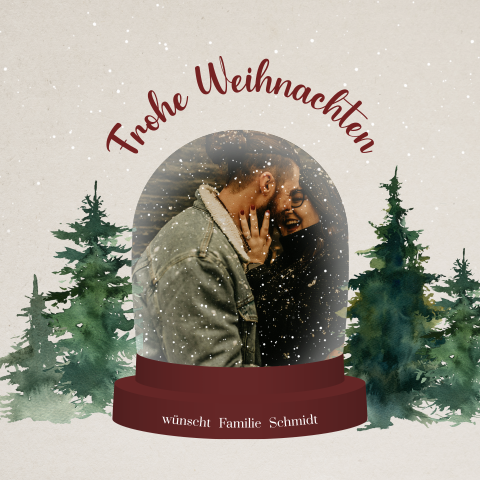 Quadratische Weihnachtskarte mit Schneekugel und Foto