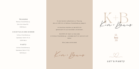 Stilvolle Leporello Hochzeitseinladung in Beige mit Initialen und Foto