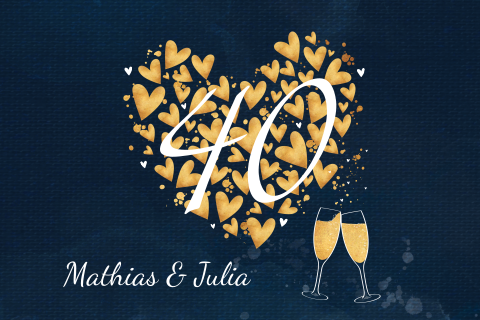 Einladung zum 40. Jahrestag mit goldenen Herzen und Sektgläsern
