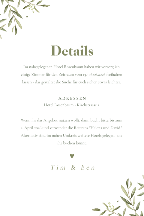 Einlegeblatt Hochzeit in Weiß mit Zweigen und Herz