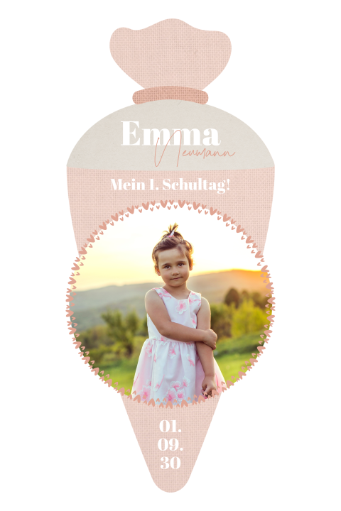 Originelle Einschulungskarte in Form einer Schultüte für Mädchen