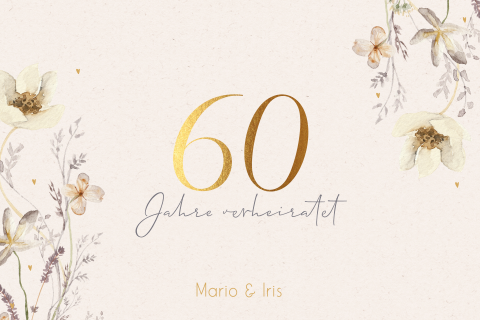 Florale Einladung zur Diamantenen Hochzeit mit Herzen und Feldblumen