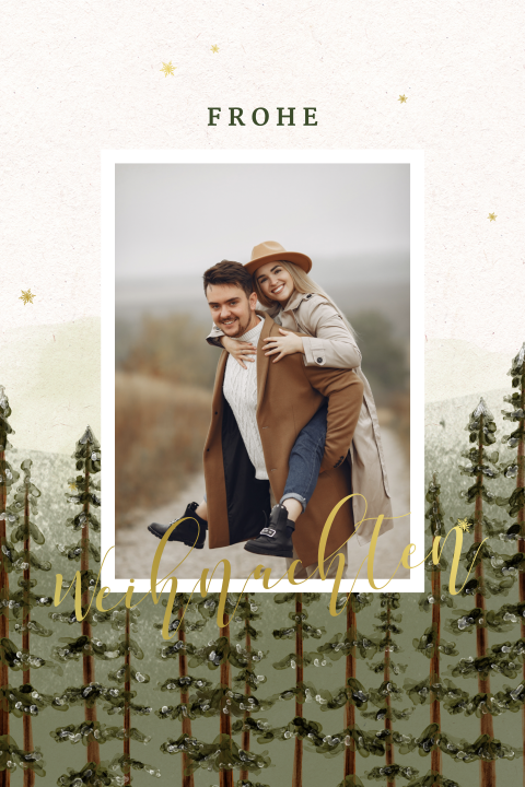 Schöne Weihnachtskarte mit Foto vor Aquarell-Nadelwald